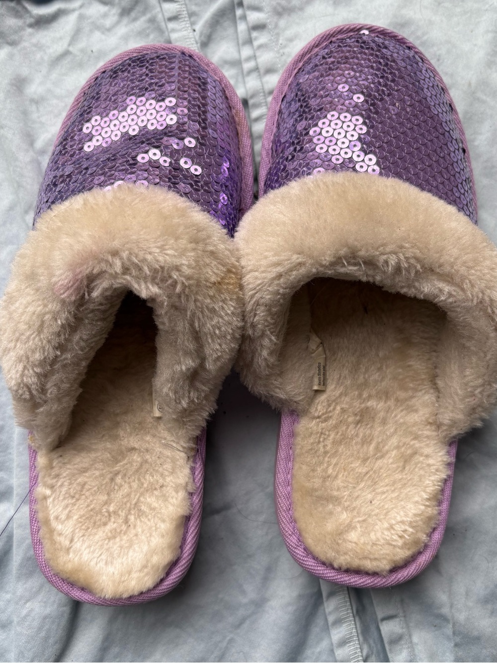 Purple sequined slippers, size 4-5, unknown brand